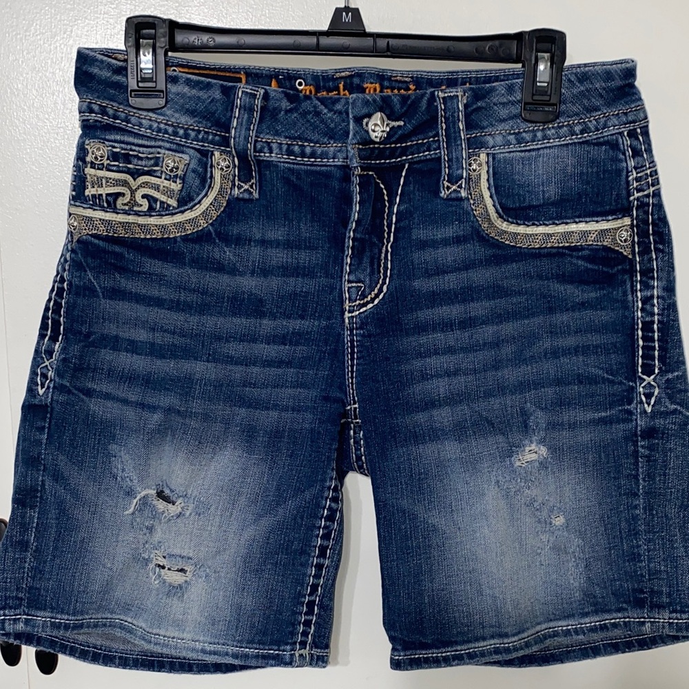Rock Revival Dark Blue Denim Shorts with Embroidered Details